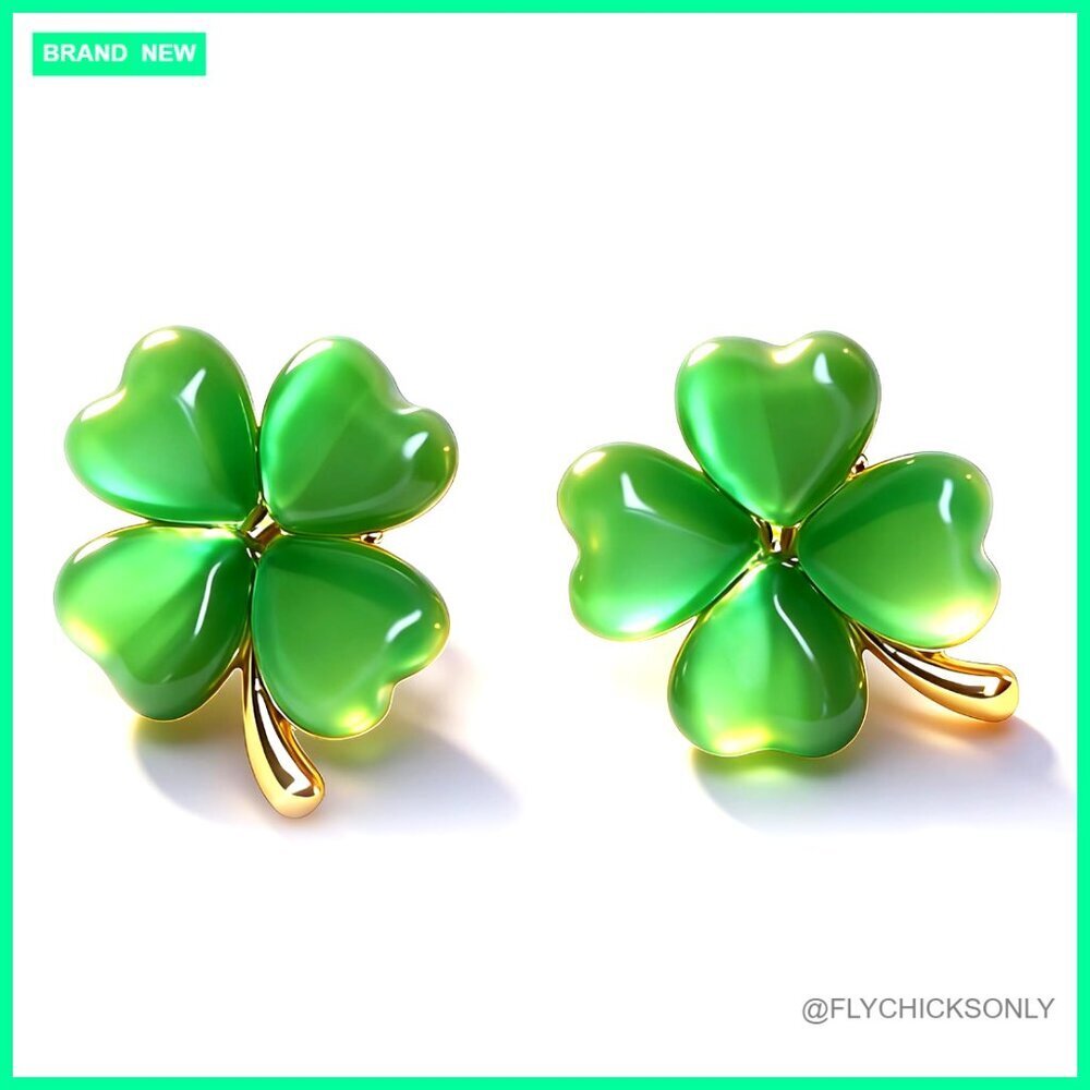 Brass Stud Earrings with Four Leaf Clover Design, 0.7 Inch Length
